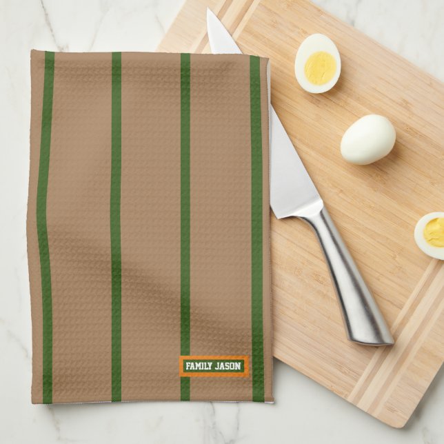 Custom name monogram stripes brown green stylish kitchen towel (Quarter Fold)