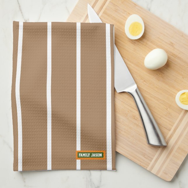 Custom name monogram stripes brown white stylish kitchen towel (Quarter Fold)