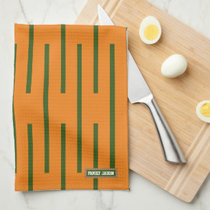 Custom name monogram stripes orange green stylish kitchen towel