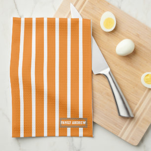 Custom name monogram  stripes pattern white orange kitchen towel
