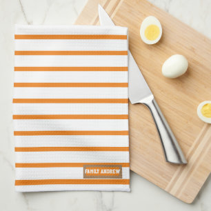 Custom name monogram  stripes pattern white orange kitchen towel