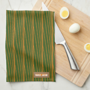 Custom name monogram stripes waves green orange kitchen towel
