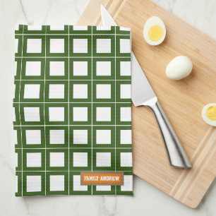 Custom name monogram stylish pattern white green kitchen towel