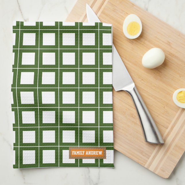 Custom name monogram stylish pattern white green kitchen towel (Quarter Fold)