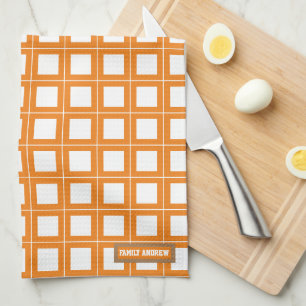 Custom name monogram stylish pattern white orange  kitchen towel