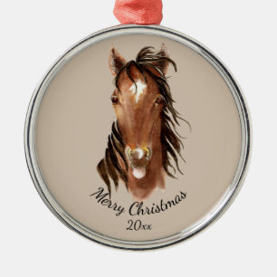 Custom Name, Monogram, Text Watercolor Horse   Metal Ornament