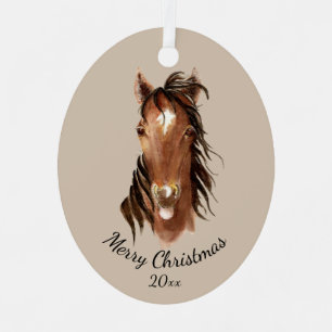 Custom Name, Monogram, Text Watercolor Horse  Metal Ornament