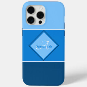 Custom Name Monogram Three Blue Ombre Stripes iPhone 15 Pro Max Case