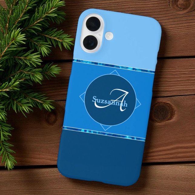 Custom Name Monogram Three Blue Ombre Stripes Case-Mate iPhone Case (template phone case back)