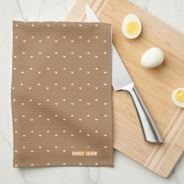 Custom name monogram triangles dots brown white  kitchen towel (Quarter Fold)