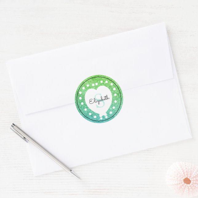 Custom Name Monogram Turquoise Green Glitter Heart Classic Round Sticker (Envelope)
