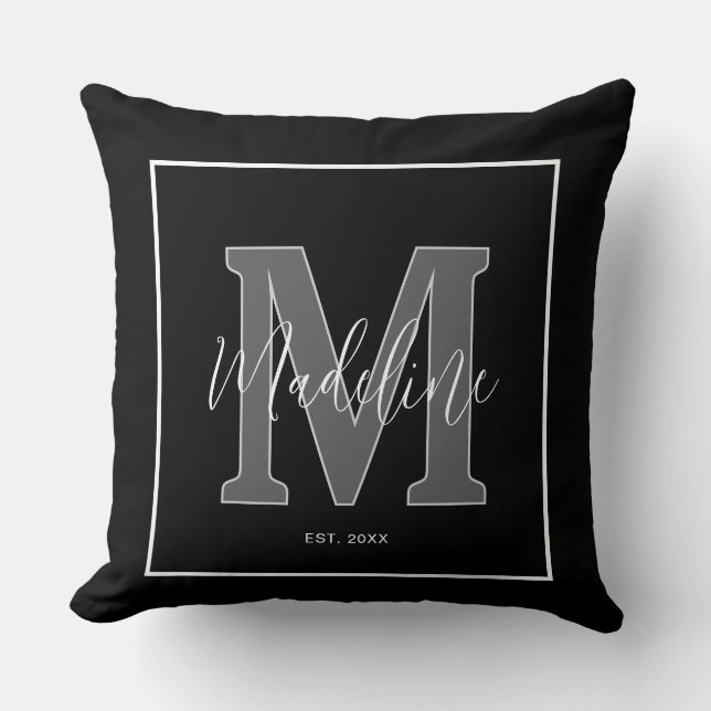 Custom name monogram typography black and white throw pillow (Front)
