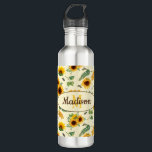 Custom Name Monogram Water Bottle Sunflowers Bees<br><div class="desc">Customizable name and monogram water bottle with a print of painted garden sunflowers,  honeycomb,  and honey bees,  yellow and green colours.</div>