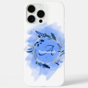 Custom Name Monogram Watercolor Blue Wreath iPhone 16 Pro Max Case