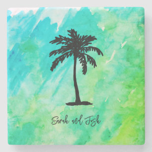 Custom Name Monogram Wedding Palm Tree Nautical Stone Coaster