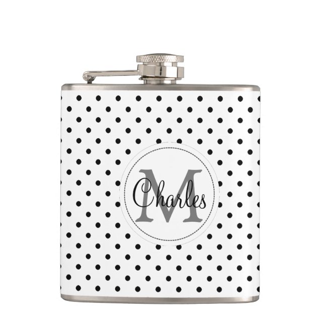 Custom Name Monogram.White And Black  Polka Dots Hip Flask (Front)