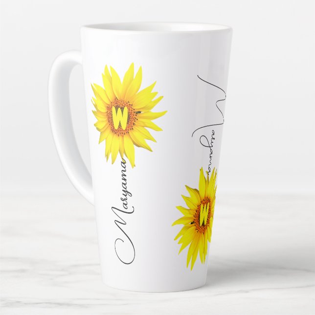 Custom Name & Monogram with Elegant Sunflower  Latte Mug (Left Angle)