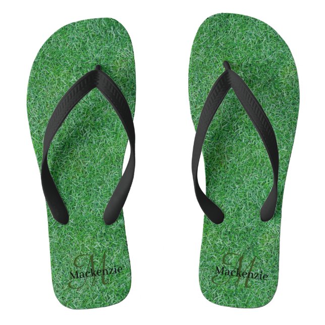 Custom Name Monogram Zen Green Grass Nature Flip Flops (Footbed)