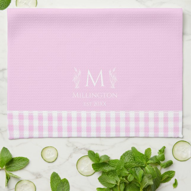 Custom Name Monogrammed Pink & White Gingham Kitchen Towel (Folded)