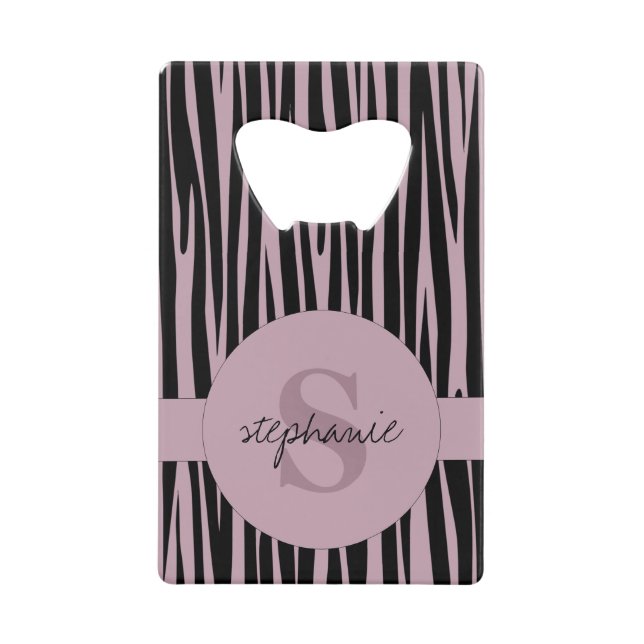 Custom Name Monogrammed Zebra stripes pattern Credit Card Bottle Opener (Front)