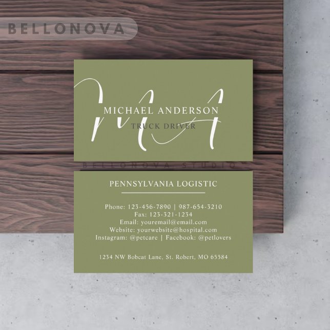 Custom Name Moss Sage Olive Green White Monogram Business Card (Custom Name Moss Sage Olive Green White Monogram Business Card)