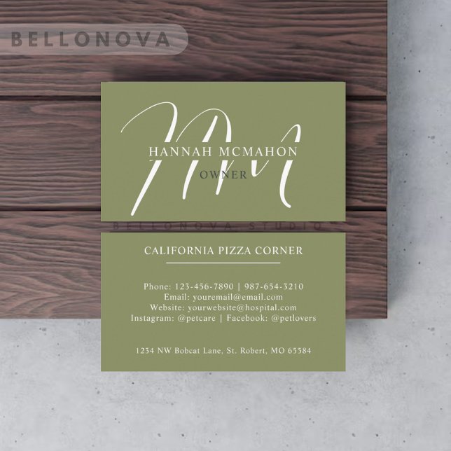 Custom Name Moss Sage Olive Green White Monogram Business Card (Custom Name Moss Sage Olive Green White Monogram Business Card)