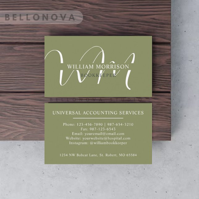 Custom Name Moss Sage Olive Green White Monogram Business Card (Custom Name Moss Sage Olive Green White Monogram Business Card)