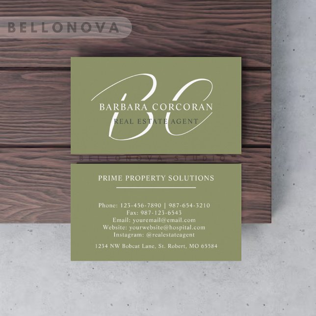 Custom Name Moss Sage Olive Green White Monogram Business Card (Custom Name Moss Sage Olive Green White Monogram Business Card)