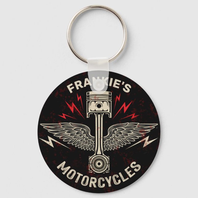Custom NAME Motorcycle Piston Wings Biker Garage Keychain (Front)