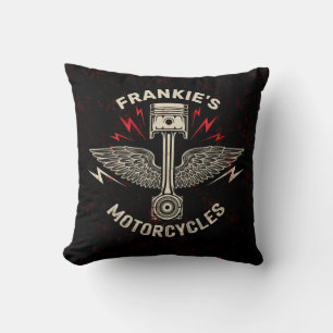 Custom NAME Motorcycle Piston Wings Biker Garage Throw Pillow