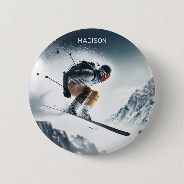 Custom Name Mountain Skier 2 Inch Round Button (Front)