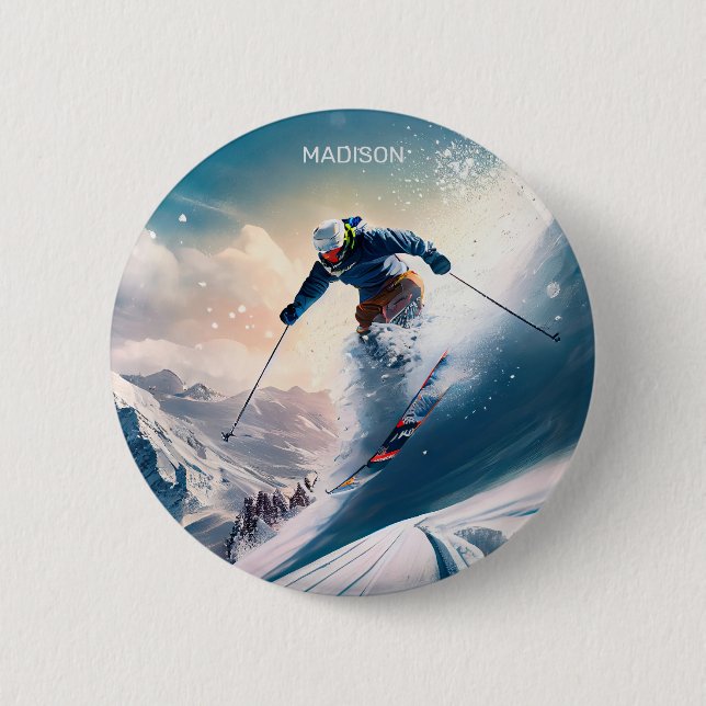 Custom Name Mountain Skier 2 Inch Round Button (Front)