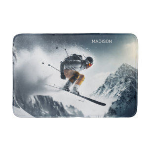 Custom Name Mountain Skier Bath Mat
