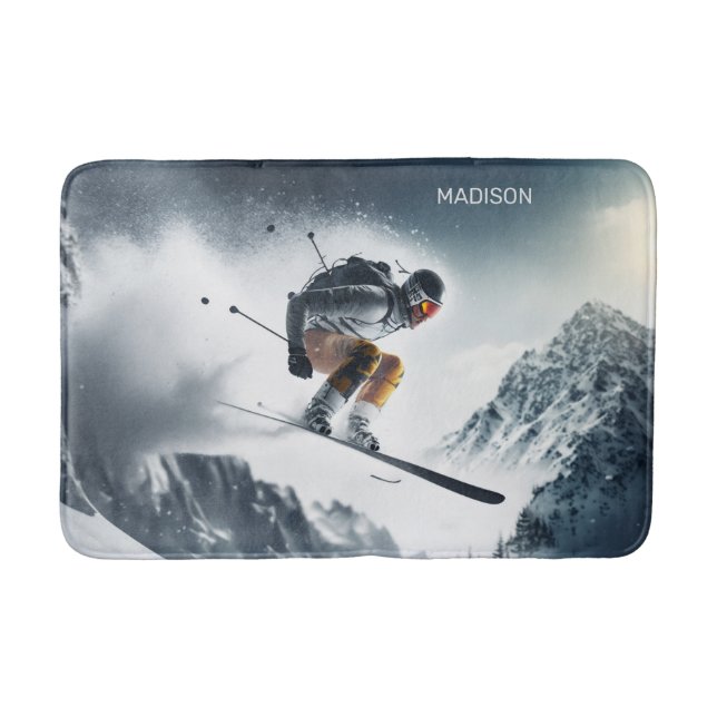 Custom Name Mountain Skier Bath Mat (Front)