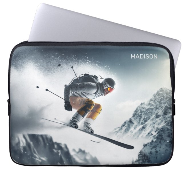 Custom Name Mountain Skier Laptop Sleeve (Front)