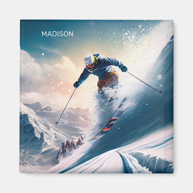 Custom Name Mountain Skier Magnet (Front)