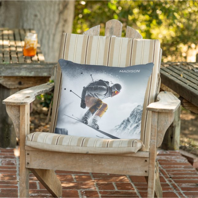 Custom Name Mountain Skier Outdoor Pillow (Chair)