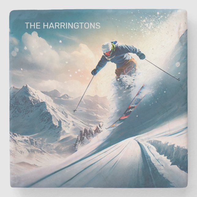 Custom Name Mountain Skier Stone Coaster (Front)