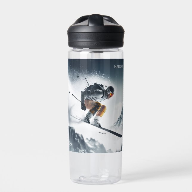 Custom Name Mountain Skier Water Bottle (Front)