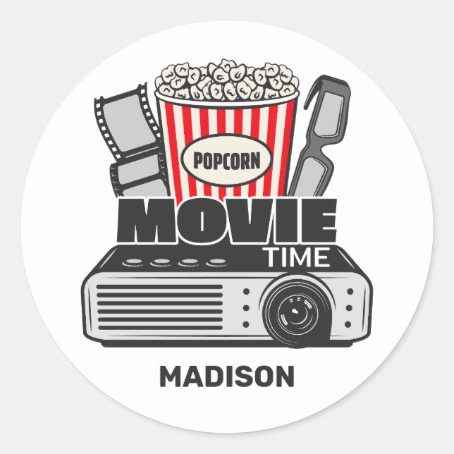 Custom Name Movie Time Classic Round Sticker (Front)