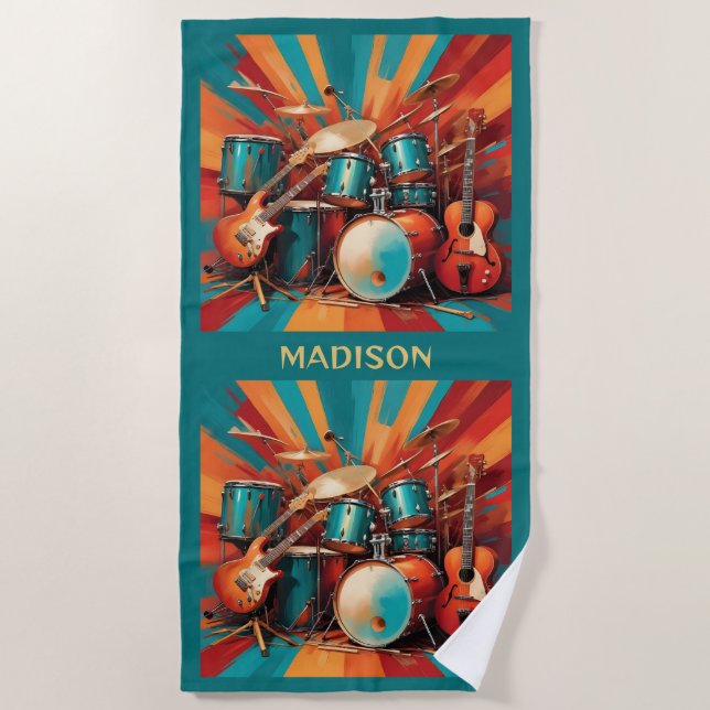 Custom Name Musical Instruments Beach Towel (Front)