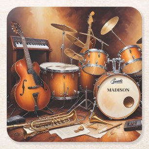 Custom Name Musical Instruments Square Paper Coaster