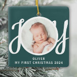 Custom Name My First Christmas Photo Green Ceramic Ornament<br><div class="desc">This cute Baby's First Christmas Photo Ornament is decorated with the word JOY in stylish script typography on a green background.
Easily customizable with your photo,  name,  and year.</div>