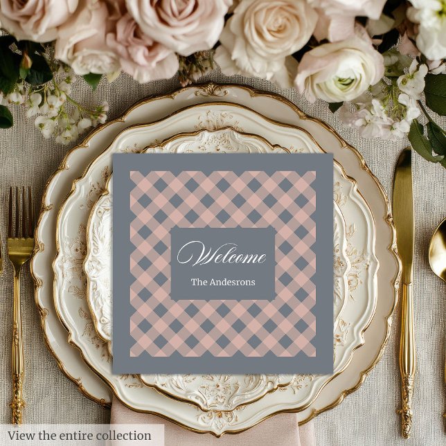 Custom Name Napkins Coral Grey Plaid Elegant (Custom Name Napkins Coral Grey Plaid Elegant)