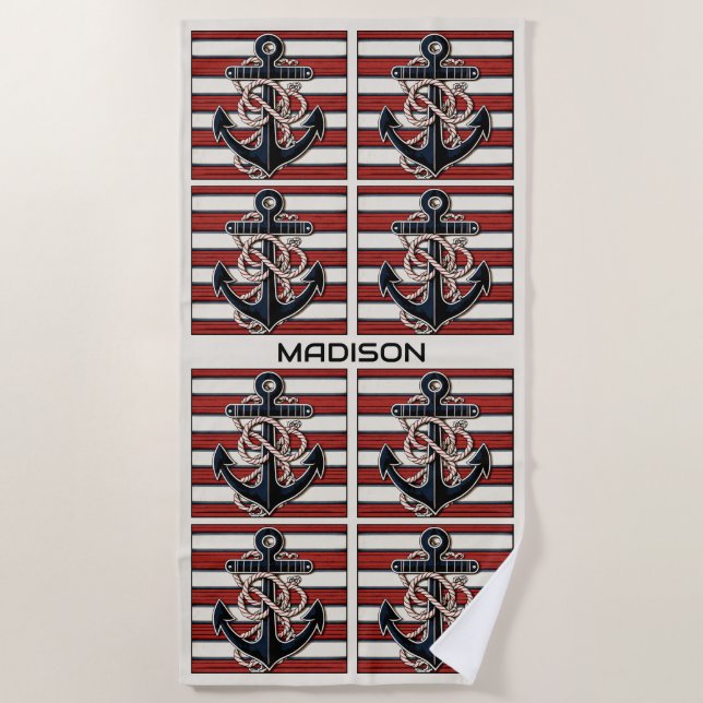 Custom Name Nautical Anchor Pattern Beach Towel (Front)