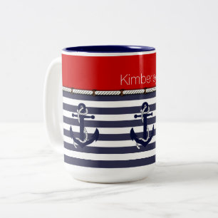 Custom Name Nautical Anchors Stripes Pattern Two-Tone Coffee Mug