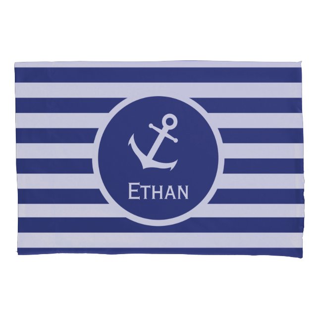 Custom Name Nautical Blue and White Striped Pillowcase (Front)