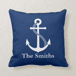 Custom Name Nautical Navy Blue with White Anchor Throw Pillow