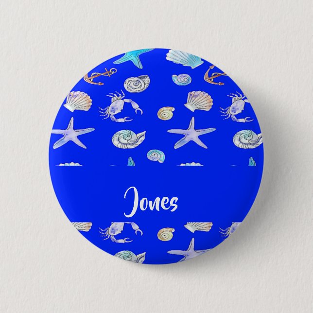 Custom name nautical print on blue 2 inch round button (Front)