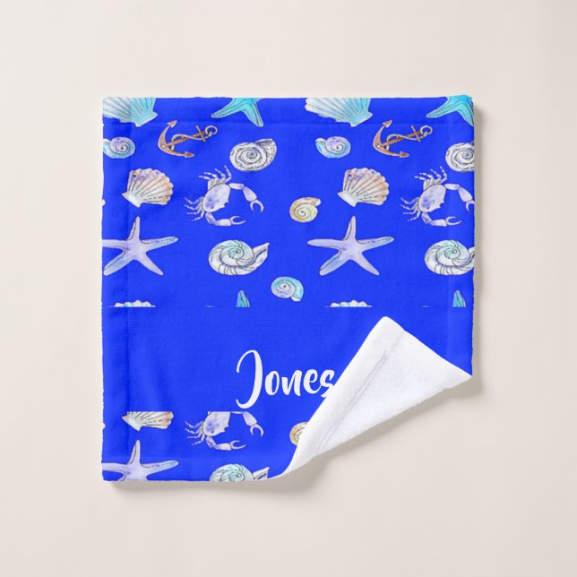 Custom name nautical print on blue wash cloth (Wash Cloth)